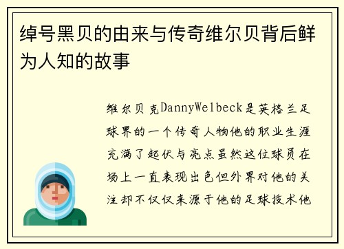 绰号黑贝的由来与传奇维尔贝背后鲜为人知的故事